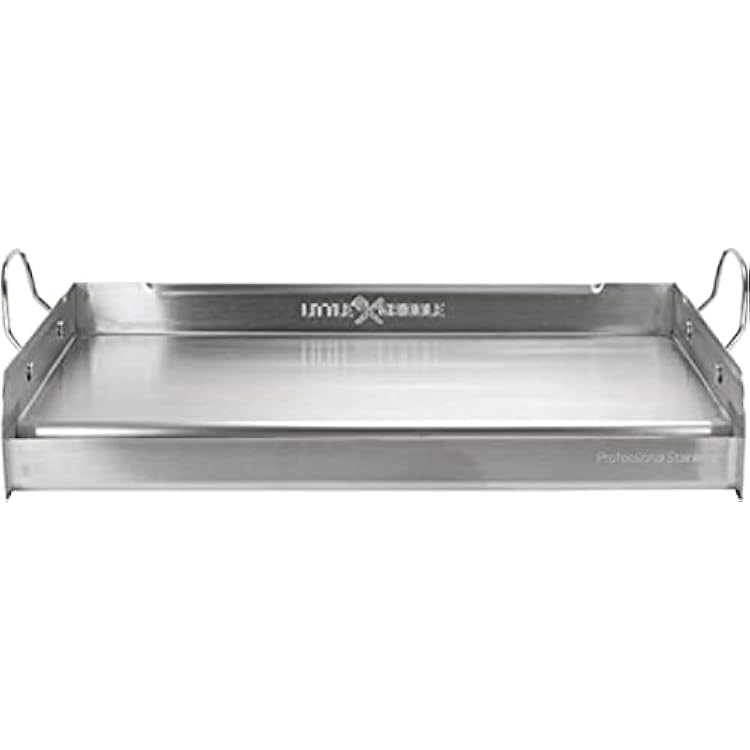 LITTLE GRIDDLE 100% Stainless Steel Griddle with Even Heat Cross Bracing and Removable Handles - For Grills, Camping, Tailgating, Silver, 25 x 16 x 6.5