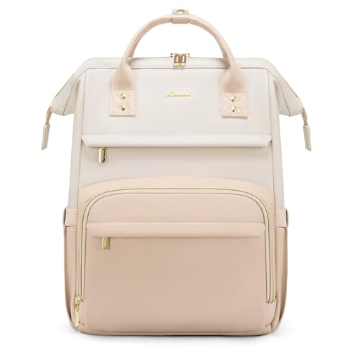 LOVEVOOK Leather Backpack for Women, 17 inch Laptop Backpack, Professional Work & Travel Bag, Beige-Flesh Beige