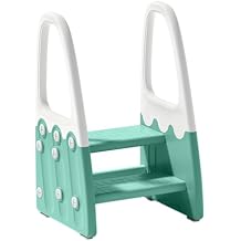 Two Step Stool with Handrails for Toddler and Kids, Standing Learning Stool Tower for Bathroom Sink, Potty Training, Children Step Up Learning Helper with Handles (Green-White)