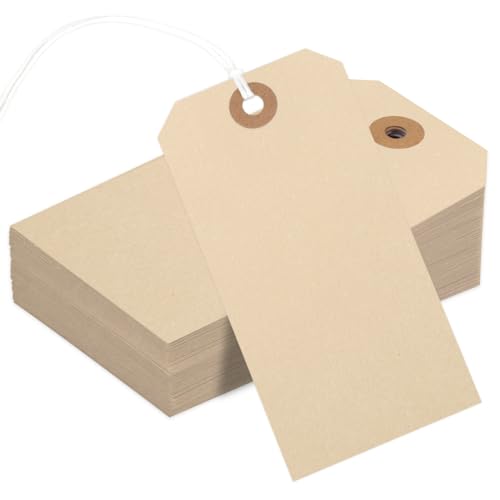 150PCS Blank Shipping Tag, 4 34 x 2 38 inches Manila Label Tags with String Reinforced Hole Writable Large Marking Hang Tags with WireBrown