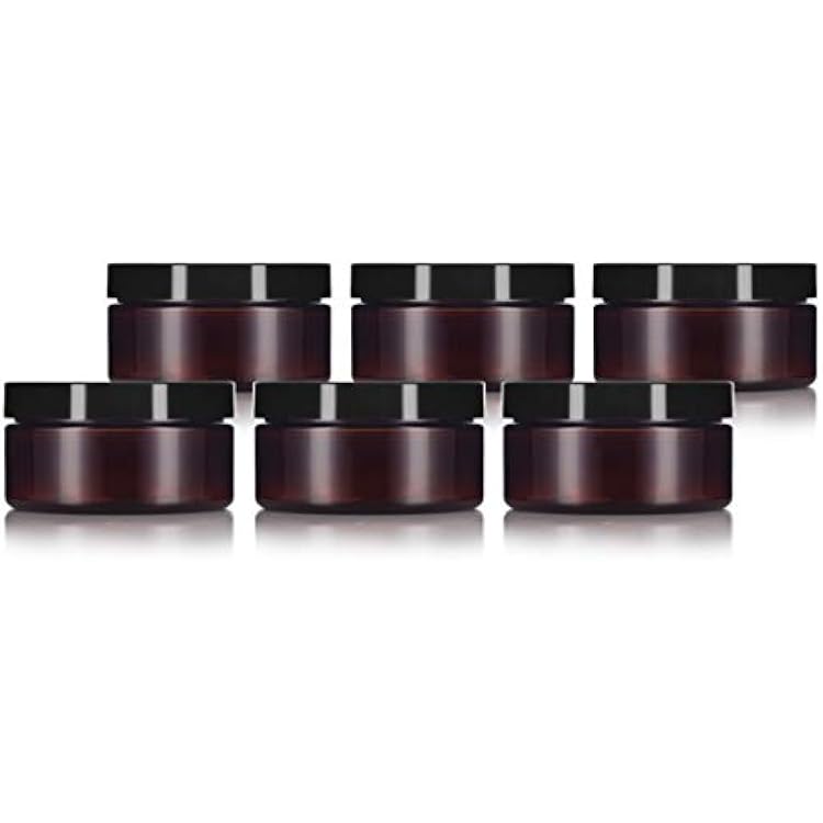 6 Pack 8 oz Amber Plastic Wide Mouth Low Profile Jar with Black Lid Refillable Storage Travel