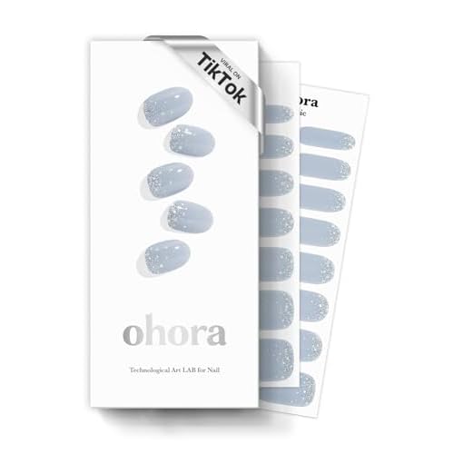 ohora Semi Cured Gel Nail Strips N Felice - Blue, Glitter, Works with Any UVLED Lamps, Salon-Quality, Long Lasting, Easy to Apply & Remove - Includes 2 Prep Pads, Nail File & Wooden Stick