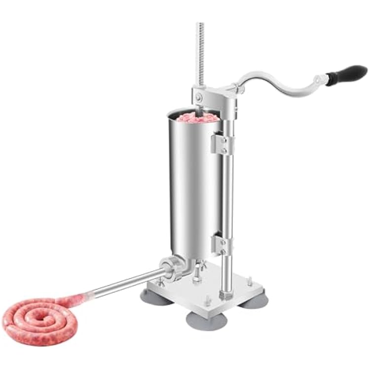 Manual Sausage Stuffer, Stainless Sausage Filling Machine with Hand Crank Silicone Suction Cups Thickened Gear and Large Capacity Detachable Barrel Vertical Meat Stuffers for Restaurants Snack Bars