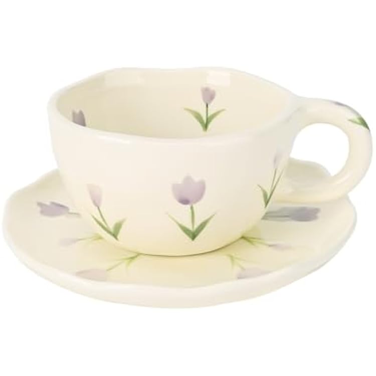 Koythin Ceramic Coffee Mug with Saucers, Handmade Flowers Mugs, Cute Cup for Girl Women, Aesthetic Tea Milk Cup with Handle, 8.5 oz250 ml for Latte, Cocoa, Office, Home Purple Tulip
