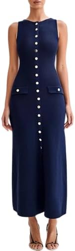 Famnbro Womens Elegant Dress Knit Sleeveless 2025 Summer Button Bodycon Office Work Business Casual Dresses