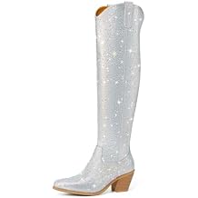 Rollda Rhinestone Cowboy Boots, Sparkly Over the Knee Cowgirl Boots, Pointed Toe Knee High Boots with Chunky Heel Thigh High Boots