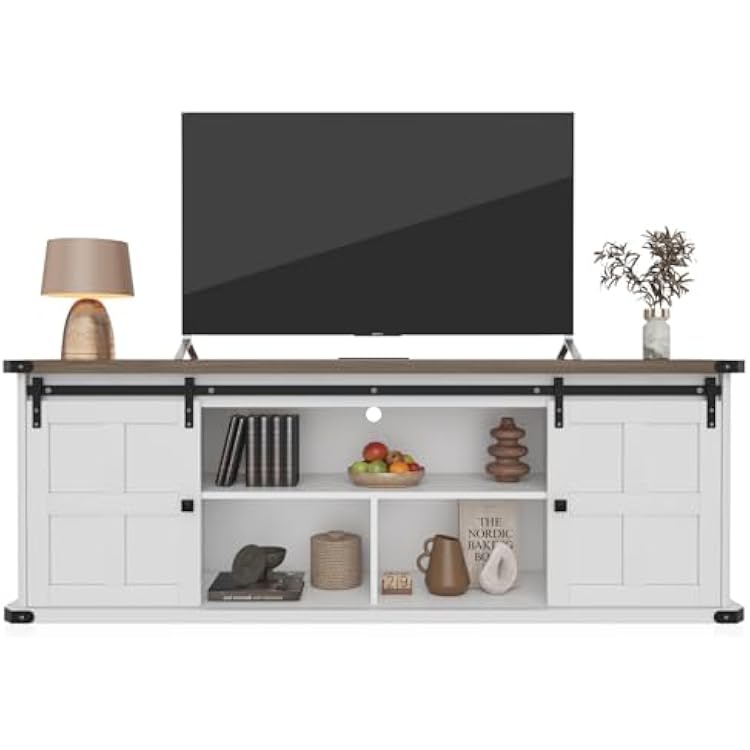 70 in TV Stand for 75 in TVs, Farmhouse Entertainment Center and Media Furniture with Sliding Barn Doors & Storage Cabinets, Mid Century Modern TV Console Table for Living Room Bedroom whitecoffee