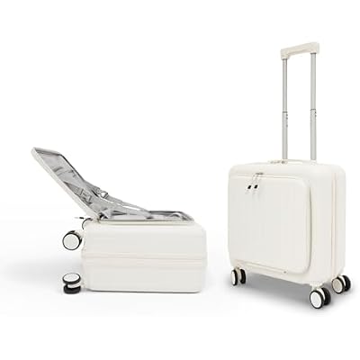 18 Carry On Luggage Boarding Suitcase with Front Pocket Hard Shell Rolling Suitcase with Cup Holder, USB Charging Port and Lock White