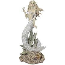 Ebros Gift Large 15" H Vintage Nautical Marine Ocean Sea Queen Ariel Mermaid with Beaded Pearl Tail Holding Starfish Standing by Coral Reef and Kelp Decorative Statue