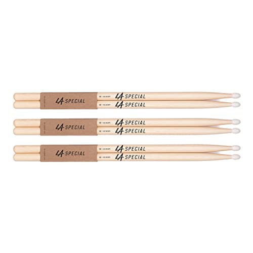 LA Specials Drum Sticks - Hickory 5B Drumsticks - Set for Acoustic or Electronic Drums - Oval Nylon Tip - Consistent Weight and Pitch - 3 Pairs