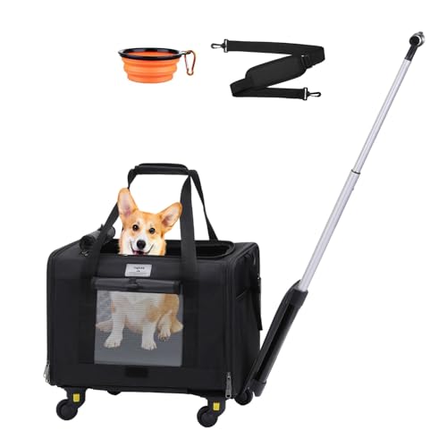 Dog Carrier with Wheels, Airline Approved Outdoor Rolling Pet Carrier with Telescopic Handle and Shoulder Strap for Travel, Black