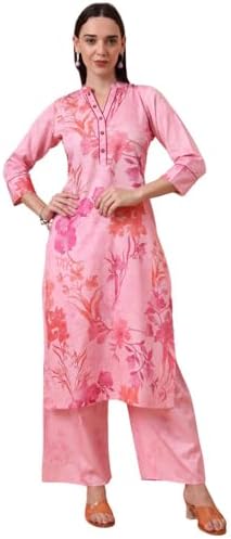 Tissu Womens Cotton Satin Pink Floral Printed Kurta with Palazzo