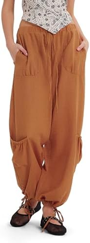 MOOSLOVER Women Linen Summer Cargo Pants Drawstring Pocket Straight Leg Trousers Beach Travel Palazzo Pant