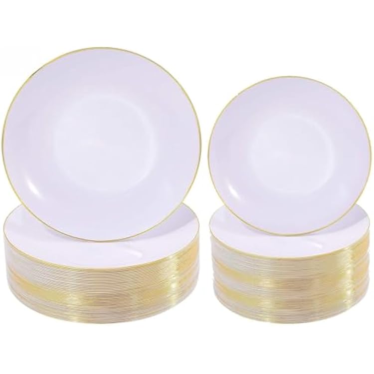 Nervure 200PCS White with Gold Rim Plastic Plates - 100PCS 7.5inch Disposable Gold Dessert Plates and 100PCS 10.25inch Gold Dinner Plates - Gold Plastic Plates Ideal for Weddings & Parties