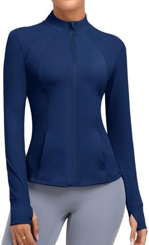 Womens Athletic Full Zip Lightweight Workout Jacket With Pockets Running Slim Fit Yoga Sportwear With Thumb Holes