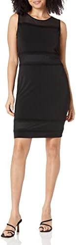 Andrew Marc Womens Sleeveless Mesh Yoke Tucking Trim Shift Dress, Black, Large