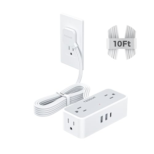 TESSAN Flat Plug Extension Cord 10 FT, Surge Protector Power Strip with 4 AC Outlets 1 USB C and 2 USB A Ports, 900 Joules Protection, Multiple Wall Outlet Extender Suitable for Office Dorm, Grey