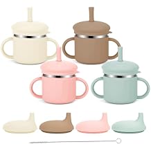Upgrade Stainless Steel Baby Sippy Cups, 7.4 Oz Spill Proof Toddler Straw Cups, 3 Stages Training Cup for Toddlers 1-3 Year, Kid Cups with Silicone Sheel and Straws, 4 Colors (Pink+Green+Beige+Brown)
