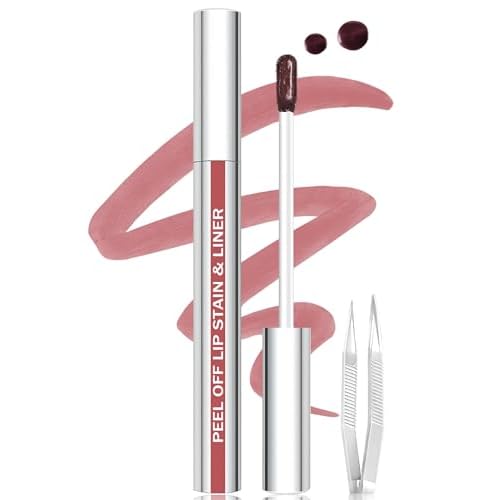 Lip Stain Peel Off Lip Liner Stain with Tweezer, Long Lasting Matte Lip Tint Tattoo, Highly Pigmented Color Lip Makeup, Waterproof Lipstick, Transfer-proof Lipstain for Women, Warm Rose