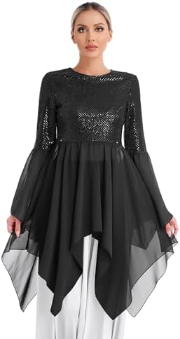 Women's Sequins Chiffon Praise Dance Tunic Tops Long Flare Sleeve Worship Church Dance Overlays