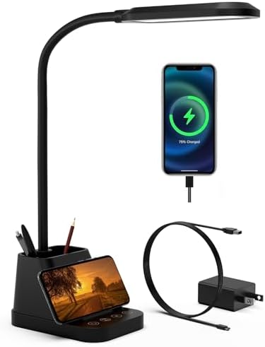 AXX LED Desk Lamp with USB Charging Port, Study Table Light for Home Office Bedrooms, Black, Flexible Gooseneck, Small, 650LM, Pen Holder, Timer Settings, School Essentials for College Dorm Room