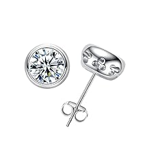 CannyCat Bezel Moissanite Earrings Stud for Women 1-2 cttw Brilliant Round Cut D color VVS Moissanite Platinum-Plated Sterling Silver Stud Earrings Friction Back Engagement Anniversary Promise Christmas Birthday