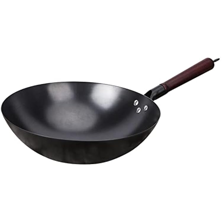 Chinese Hand Hammered Iron Woks, Round Bottom Uncoated Cast Iron Wok & Stir Fry Pans with Wooden Lid, No Coating, Less Oil, Non-Stick Pot-32cm30cm