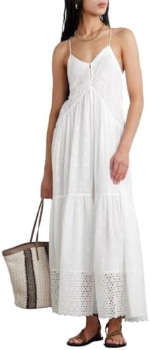 ebossy Women's Crochet Eyelet Embroidered Long Slip Dress Boho V Neck Solid Color Racer Back Slim Overall Dress