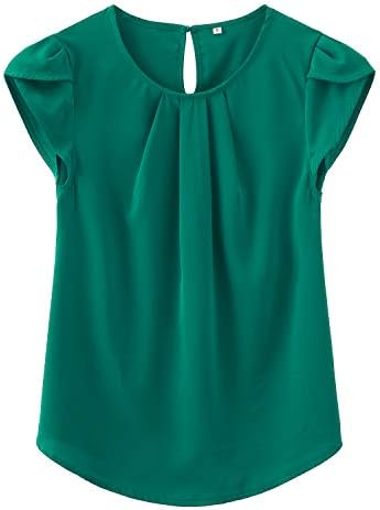 TASAMO Womens Casual Round Neck Basic Pleated Top Cap Sleeve Curved Keyhole Back Chiffon Blouse