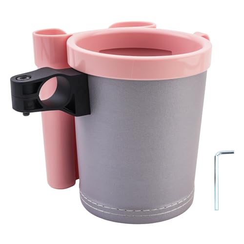 3-in-1 Bike Cup Holder with Phone Case and Key Hook -Water Bottle Holder for WalkerWheelchairStrollerScooter,Fits 0.87 Round Handlebar & 2.7 Cup Base Gray Pink