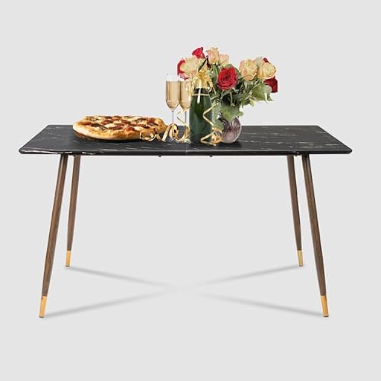Dining Table, Mid-Century Modern Dining Room Table, Rectangular Kitchen Table, Sturdy Metal Frame, 55 Inch, Marble Black