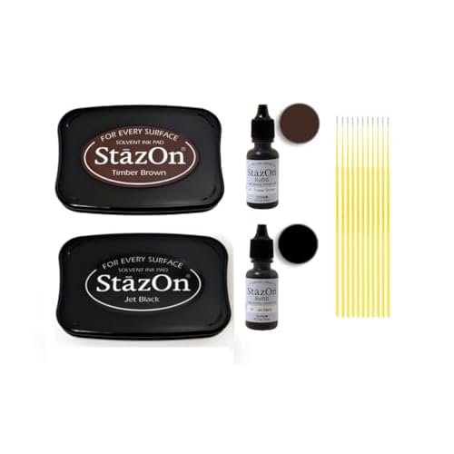 StazOn Multi-Surface Solvent Ink Pad and Reinker Bundle - StazOn Jet Black and Timber Brown Solvent Ink Pads and Reinkers - with Trebbies Detail Sticks