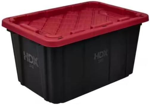 Strong Box Plastic Storage Tote with Red Lid, Black, 27 Gallon