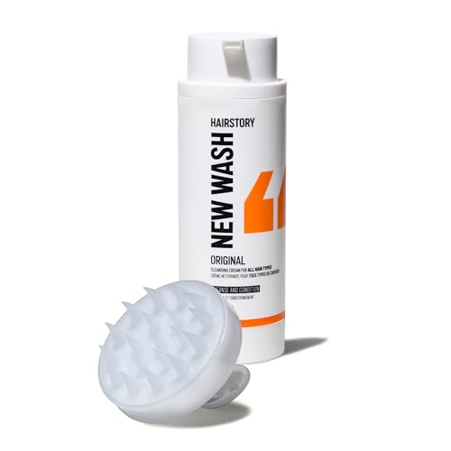Hairstory New Wash Original Refillable Bottle with Scalp Brush Detergent-Free Cleansing Cream, Shampoo & Conditioner Alternative for All Hair Types, Promotes Scalp Health & Moisture, 8 oz