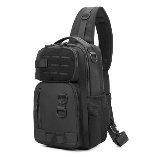 CamGo Small Tactical Sling Bag Black Military One Strap Crossbody Fishing Shoulder Pack Molle Backpack for Sport Daily