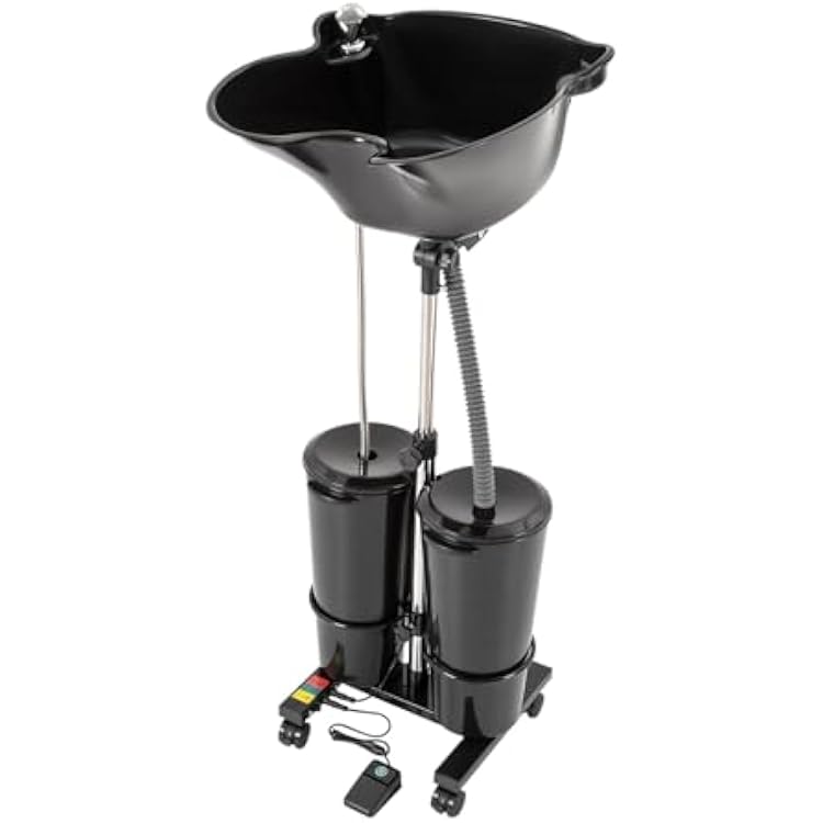 Portable Shampoo Bowl 2 Buckets, 3.34-4.49ft Height Adjustable Dual Bucket Hair Washing Station, 270 Degree Rotation of Shampoo Basin Mobile Salon Sink, for Home, Beauty Salon, Spa, Barber Shop