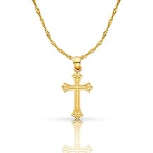 14K Yellow Gold Cross Pendant with 1.2mm Singapore Chain Chain Necklace