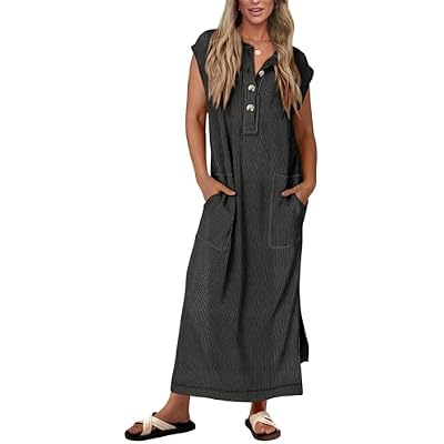 KIRUNDO Womens Summer Dresses 2026 Spring Ribbed Knit Henley Short Sleeve Maxi Dress Button Up Loose Beach Vacation Sundress