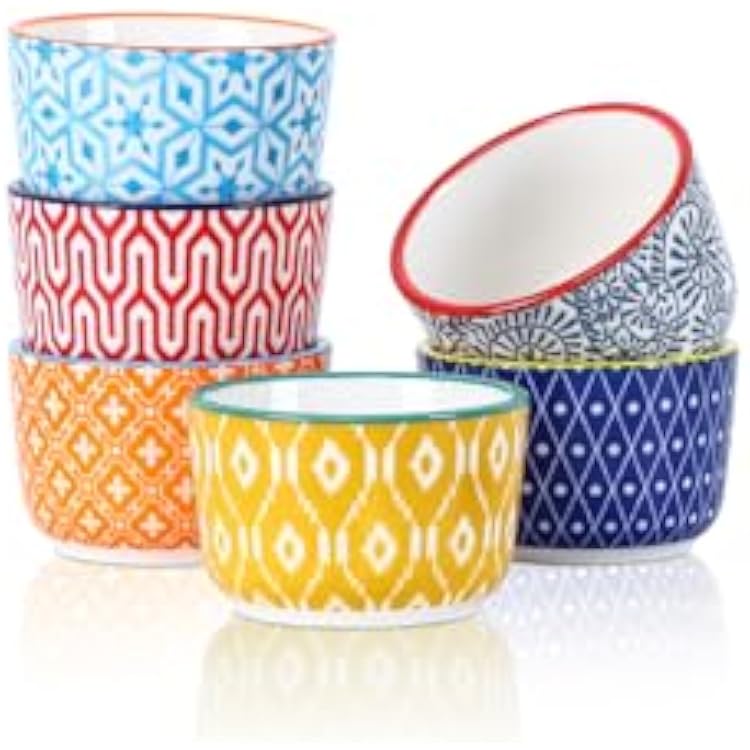 Selamica Ceramic Mini Ramekins, 2 OZ Creme Brulee Ramekins Oven Safe, Dipping Sauce Cups for Condiments Side Dish, Set of 6, Assorted Colors