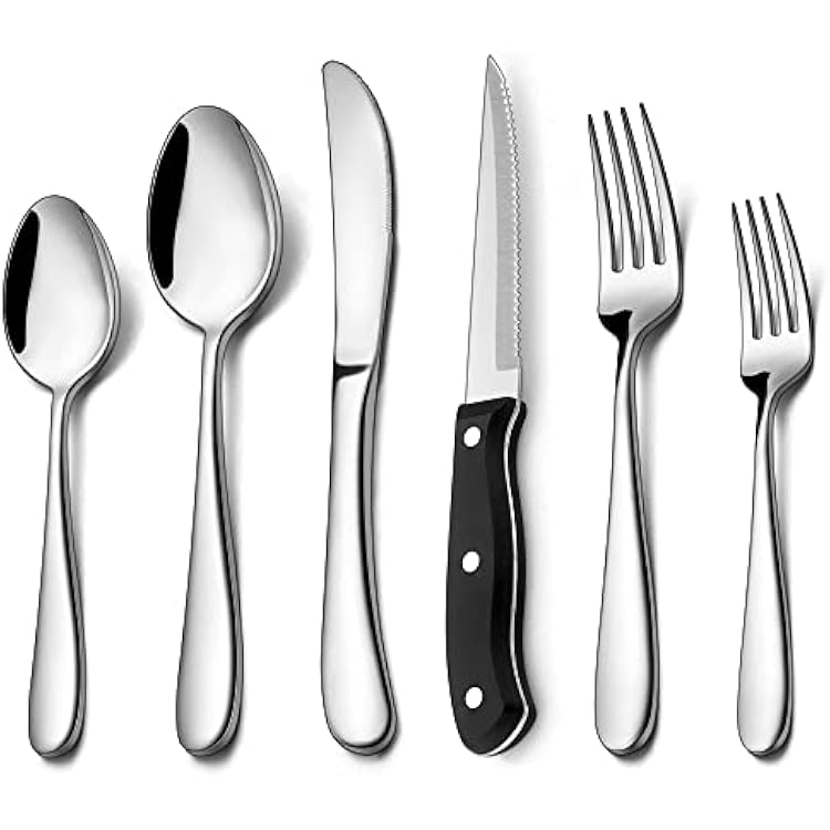 24-Piece Stainless Steel Silverware Set for 4, LIANYU Fancy Heavy Duty Flatware Set with Steak Knives, Thick Cutlery Eating Utensils Include Forks Knives Spoons, Mirror Finished, Dishwasher Safe