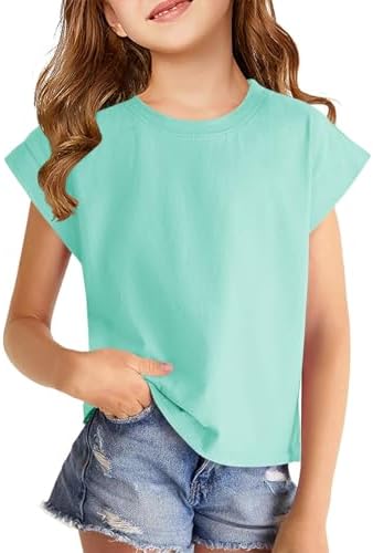 Girls Cap Sleeve T-Shirts Kids Summer Tunic Tops Cute Crewneck Tees Blouses for 5-14 Years