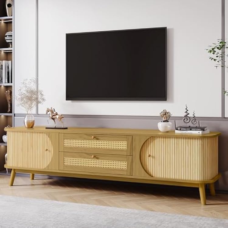 Rattan TV Stand for TVs up to 75 TV, Modern Farmhouse Media Console, Entertainment Center with Solid Wood Legs and Sliding Doors, TV Cabinet for Living Room, Home Theatre, Natural Wood