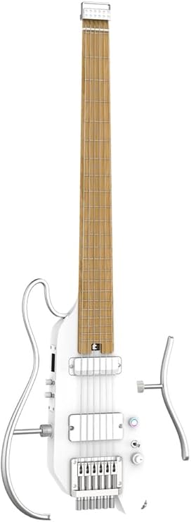 Donner HUSH-X PRO Electric Guitar, Smart Travel Guitar, Headless, Assorted Presets, 7 Tone Simulation, White