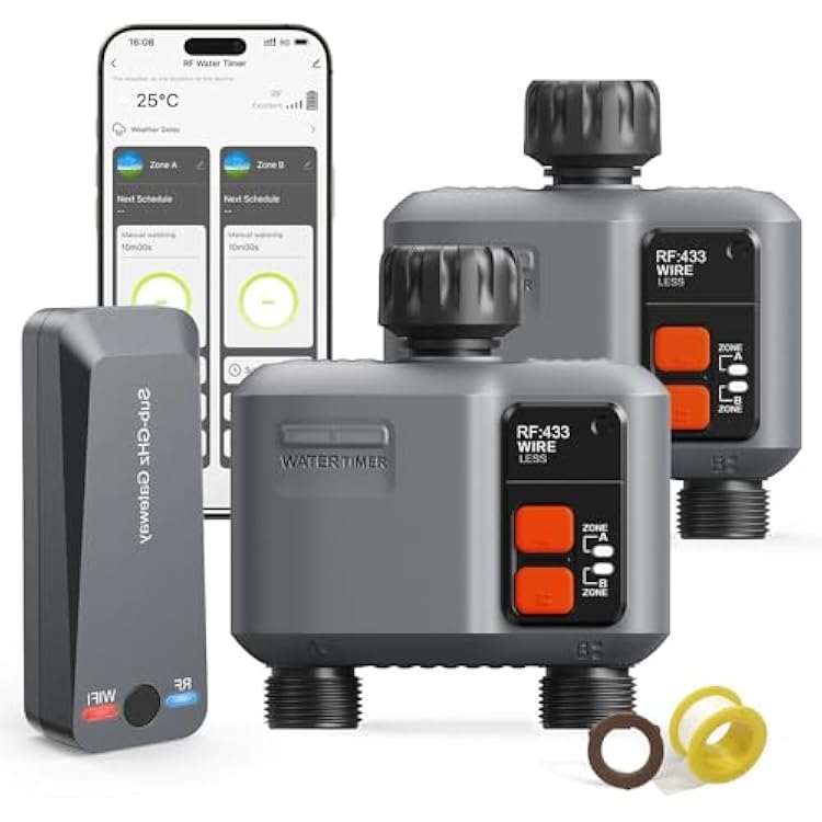 WiFi Sprinkler Timer 2 Zone with 984 Feet RF Gateway, 2 Pack Smart Water Timer for Garden Hose with Rain DelayManualAutomatic,WiFi Water Hose Timers for Garden & Lawns
