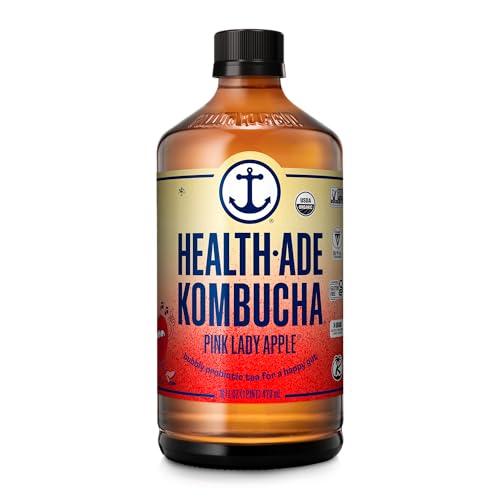-Ade Kombucha Tea Organic Drink, Fermented Tea with Living Probiotics, Detoxifying Acids, Supports Gut , Non-GMO, Vegan, Gluten Free, 12 Pack 16 Fl Oz Bottles, Pink Lady Apple