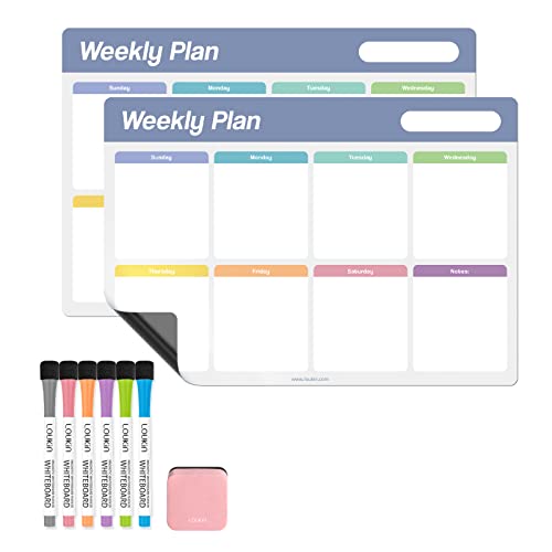 Loukin 17x11.8 Weekly Dry Erase Calendar 2 Pack, Electrostatic Adsorption Whiteboard Planner, Reusable Schedule Organizer for Office, Classroom, Refrigerator, 6 Markers & 1 Eraser Included