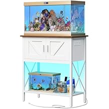 HOOBRO 20 Gallon Fish Tank Stand with Power Outlets and LED Light, Metal Frame Aquarium Stand, Reptile, Turtle Tank Stand with Cabinet Storage, 300 LBS Capacity, White and Walnut WH40UDFT01