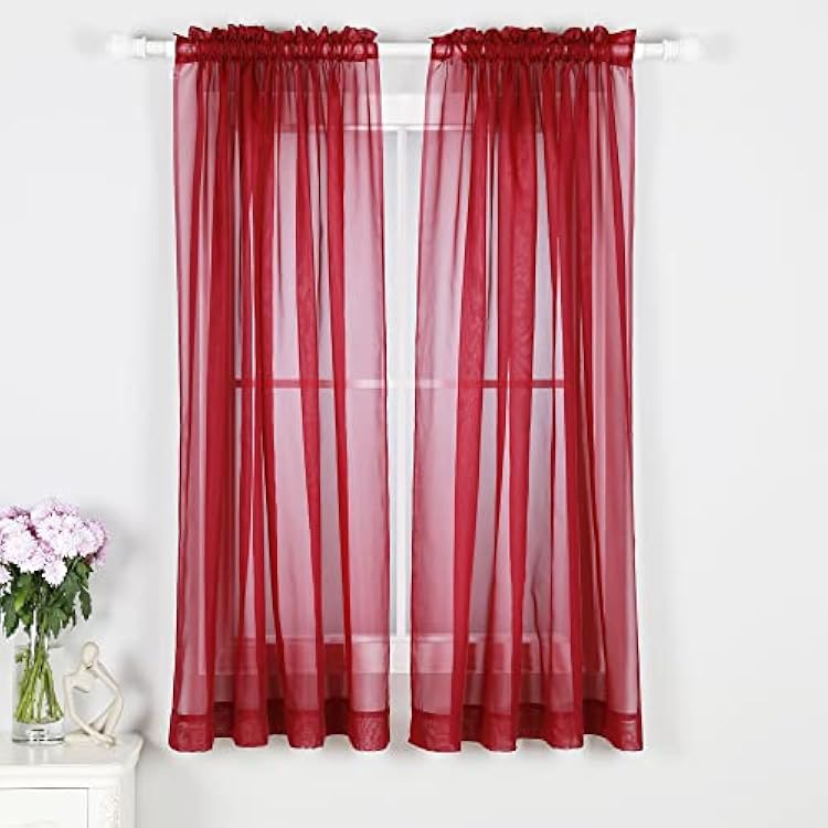 Burgundy Sheer Curtains 63 Inch Length 2 Panels Set - Lightweight and Light Filtering Elegant Rod Pocket Window Sheer Curtains for Bedroom Living Room Dining Room