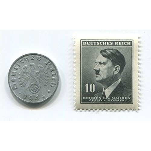 Rare Nazi Swastika 1 Reichspfennig German Coin World War Two WW2 with Black Stern Hitler Stamp MNH
