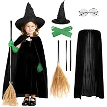 VZQI 3 Pcs Wicked Kids Black Witch Hat Costume Girls Green Cosplay Halloween Witches Hat Cape Glasses Accessories Set